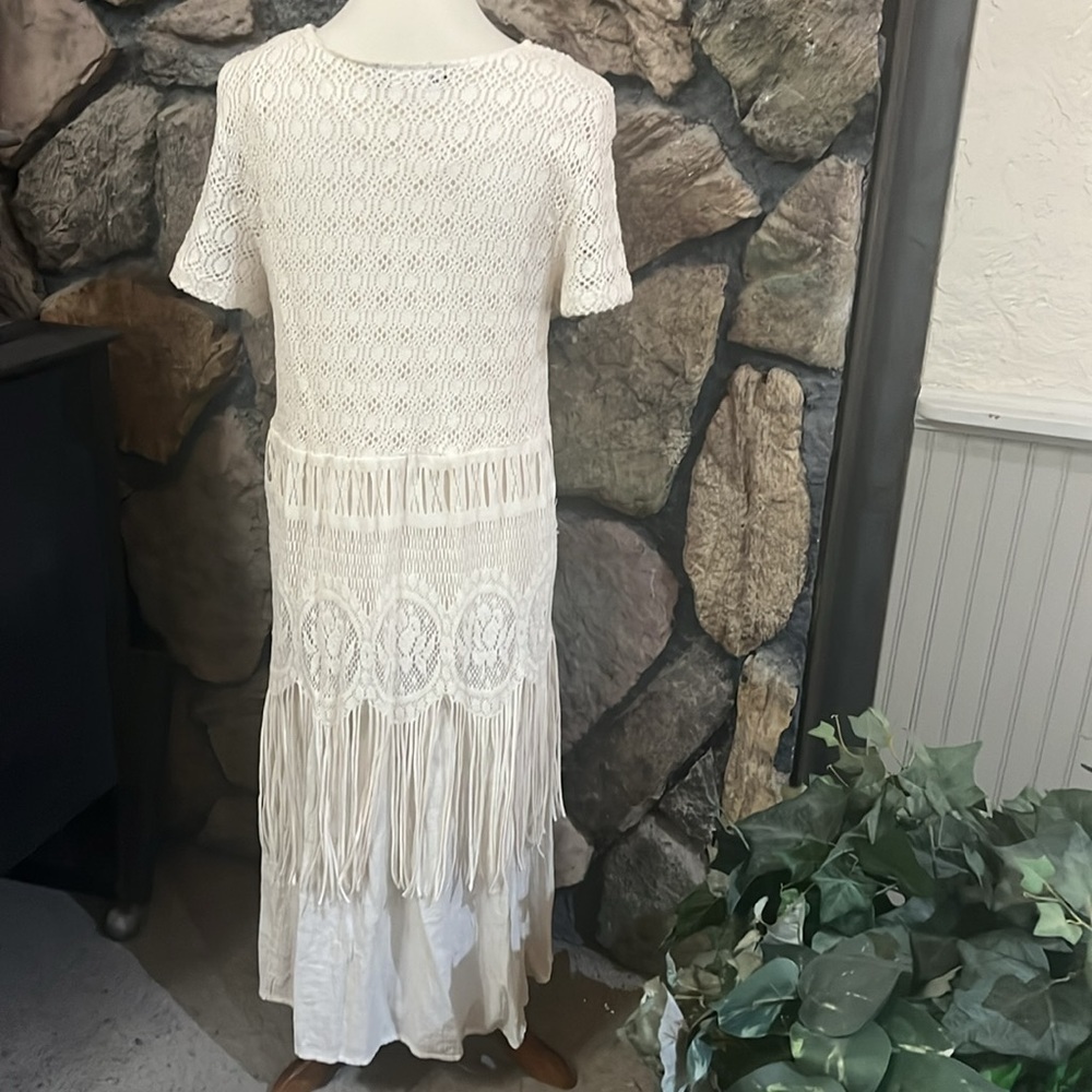 White Crochet Maxi Dress with Fringe - Picture 2 of 6
